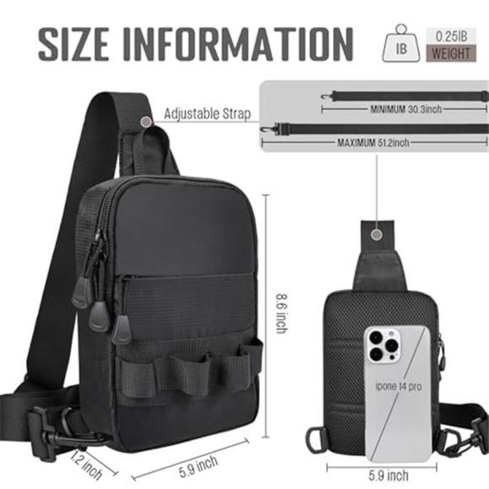 Mens Sling Bag Zippers Small Crossbody Bag for Hiking Travel Work, Water - Picture 5 of 6